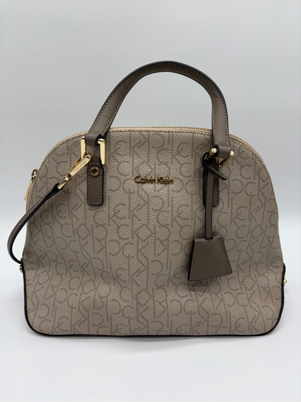 Calvin Klein Brown Monogram Dome Satchel with Gold Hardware